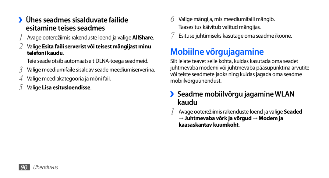 Samsung GT-I5510XKASEB manual Mobiilne võrgujagamine, ››Seadme mobiilvõrgu jagamine Wlan kaudu, Telefoni kaudu 