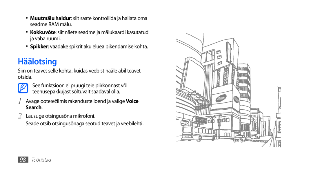 Samsung GT-I5510XKASEB manual Häälotsing, Avage ooterežiimis rakenduste loend ja valige Voice Search 