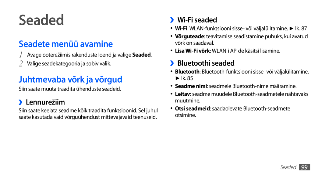 Samsung GT-I5510XKASEB manual Seaded, Seadete menüü avamine, Juhtmevaba võrk ja võrgud 