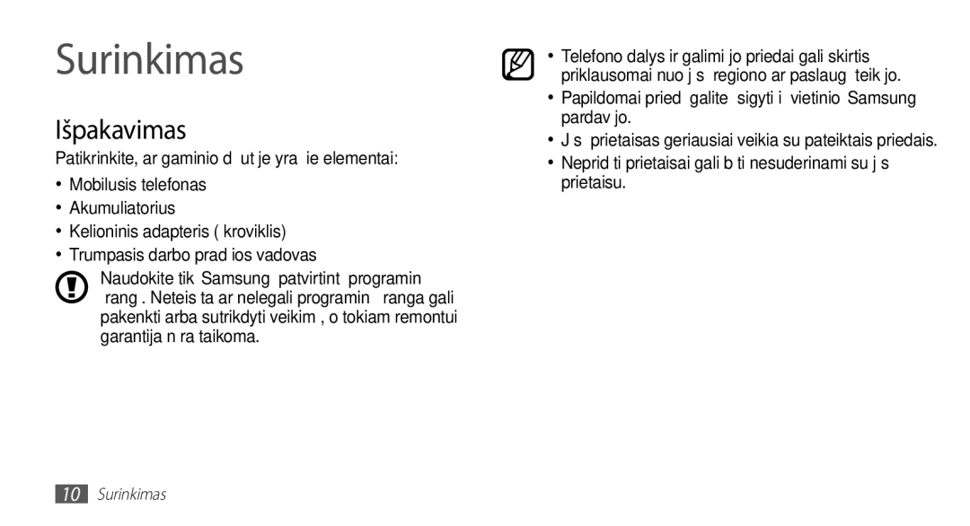 Samsung GT-I5510XKASEB manual Surinkimas, Išpakavimas 