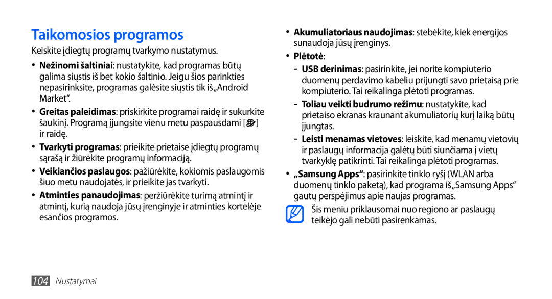 Samsung GT-I5510XKASEB manual Taikomosios programos, Keiskite įdiegtų programų tvarkymo nustatymus 