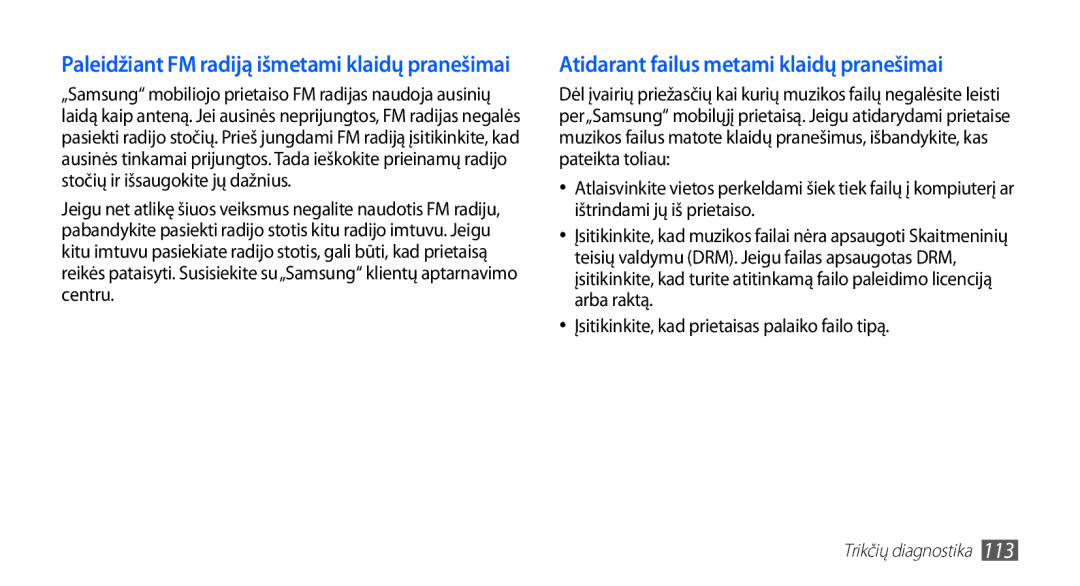 Samsung GT-I5510XKASEB manual Atidarant failus metami klaidų pranešimai, Įsitikinkite, kad prietaisas palaiko failo tipą 