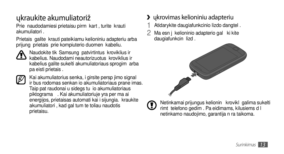 Samsung GT-I5510XKASEB manual Įkraukite akumuliatorių, ››Įkrovimas kelioniniu adapteriu, Daugiafunkcinį lizdą 