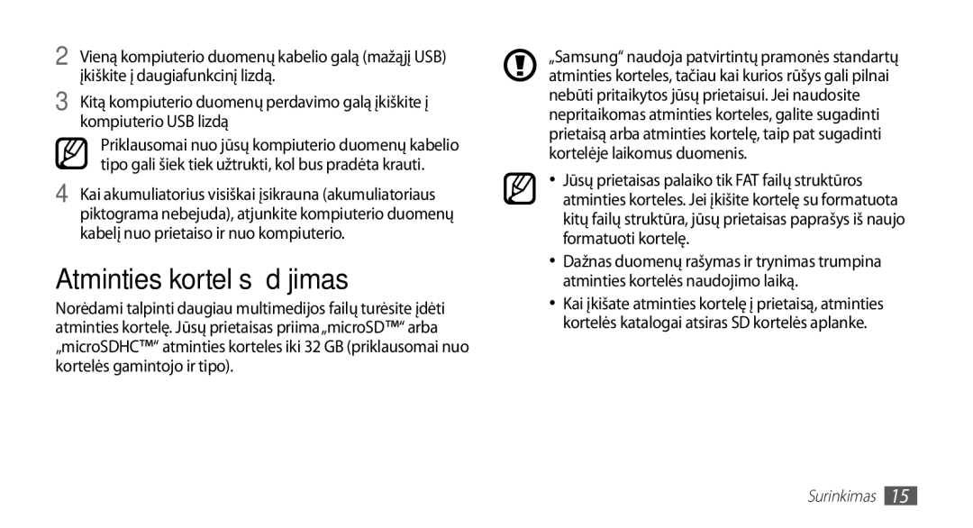 Samsung GT-I5510XKASEB manual Atminties kortelės įdėjimas 