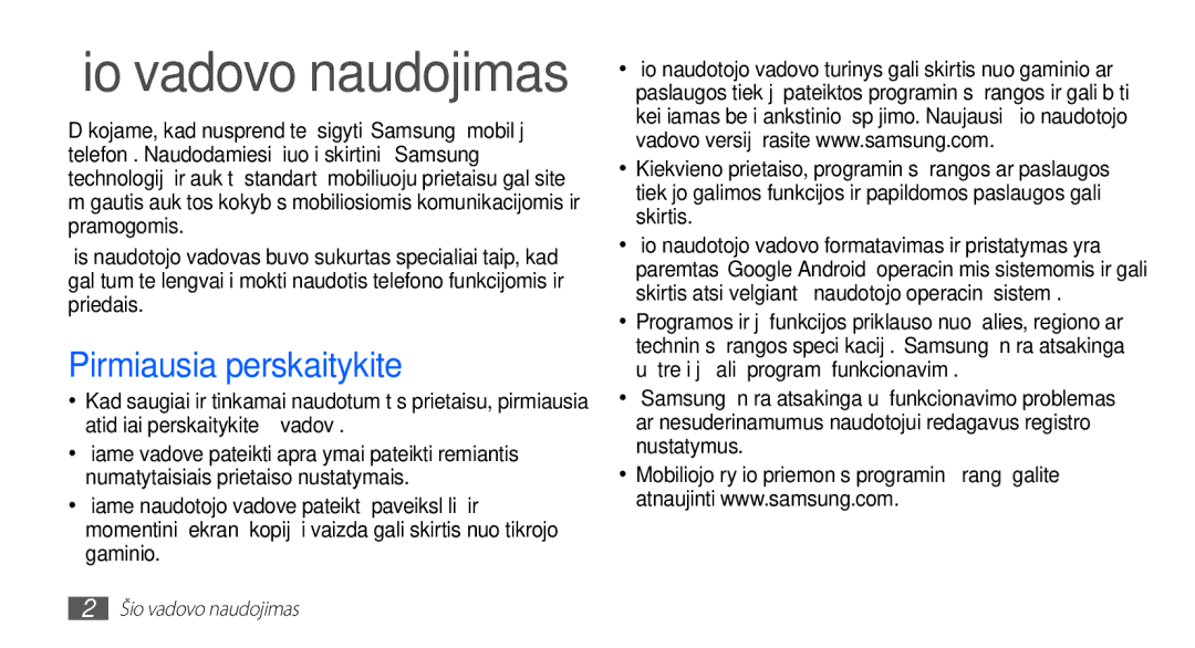 Samsung GT-I5510XKASEB manual Šio vadovo naudojimas, Pirmiausia perskaitykite 