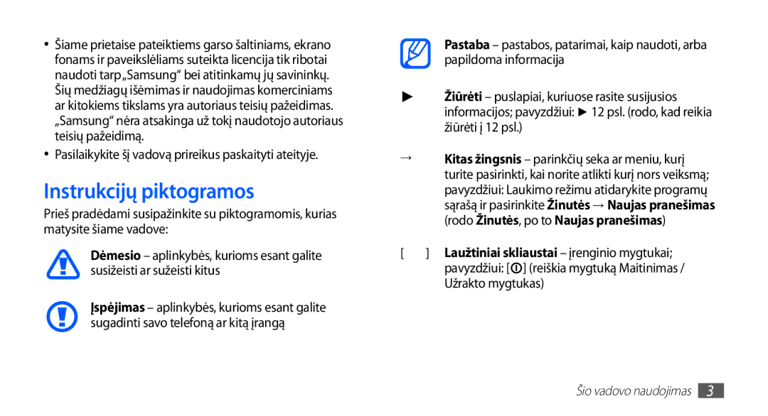 Samsung GT-I5510XKASEB manual Instrukcijų piktogramos, Užrakto mygtukas 