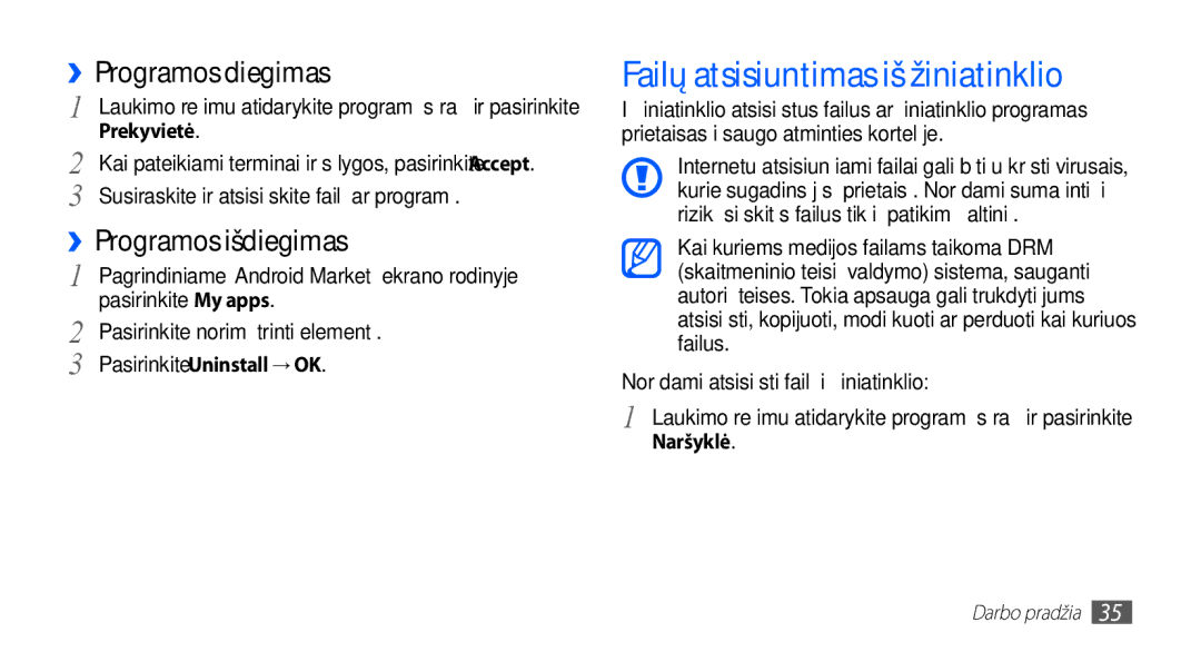 Samsung GT-I5510XKASEB manual Failų atsisiuntimas iš žiniatinklio, ››Programos diegimas, ››Programos išdiegimas, Prekyvietė 