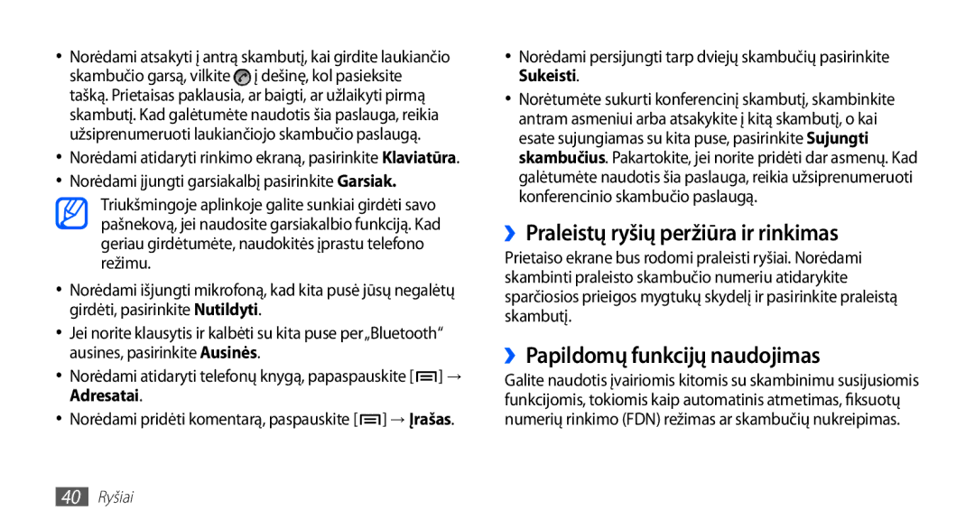 Samsung GT-I5510XKASEB manual ››Praleistų ryšių peržiūra ir rinkimas, ››Papildomų funkcijų naudojimas, Adresatai 