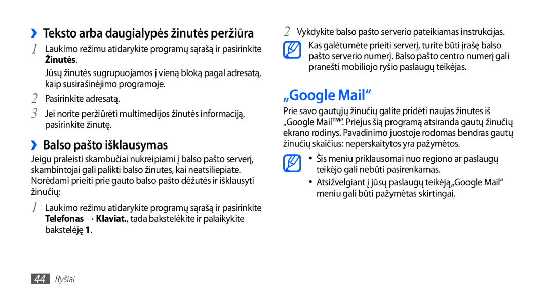 Samsung GT-I5510XKASEB manual „Google Mail, ››Balso pašto išklausymas, ››Teksto arba daugialypės žinutės peržiūra, Žinutės 