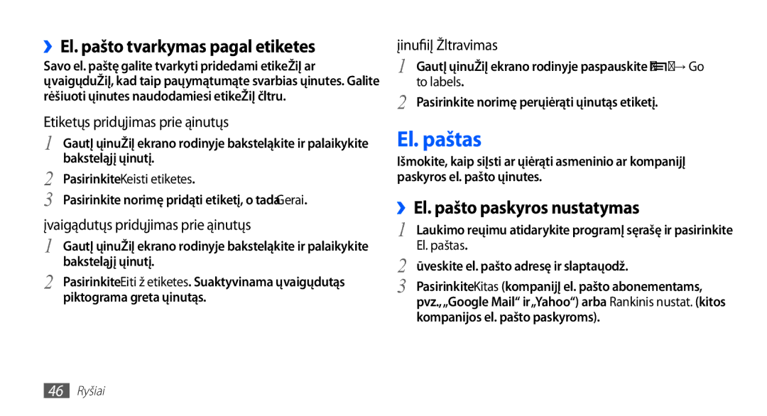 Samsung GT-I5510XKASEB manual El. paštas, ››El. pašto tvarkymas pagal etiketes, ››El. pašto paskyros nustatymas 