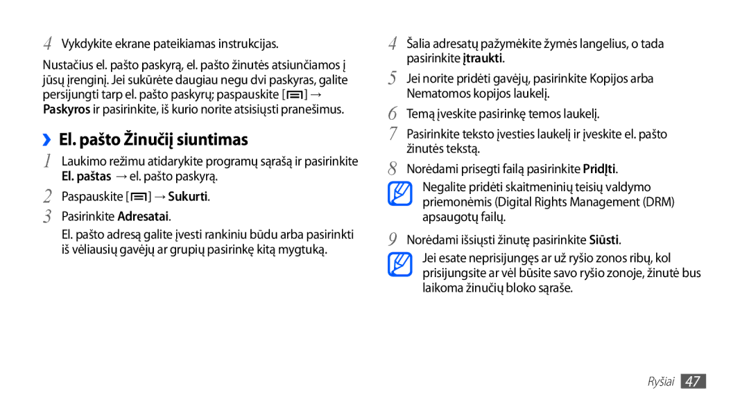 Samsung GT-I5510XKASEB Vykdykite ekrane pateikiamas instrukcijas, El. paštas → el. pašto paskyrą, Paspauskite → Sukurti 