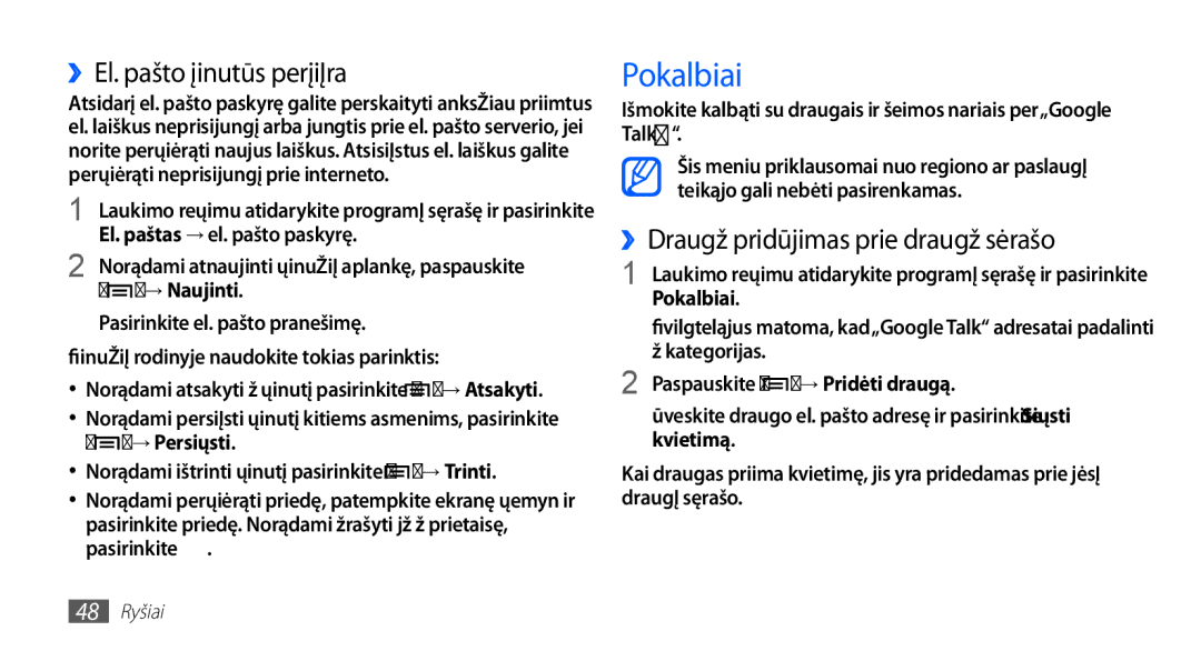 Samsung GT-I5510XKASEB manual Pokalbiai, ››El. pašto žinutės peržiūra, ››Draugų pridėjimas prie draugų sąrašo 