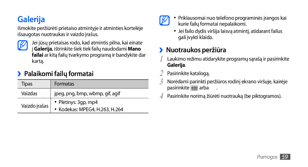 Samsung GT-I5510XKASEB manual Galerija, ››Palaikomi failų formatai, ››Nuotraukos peržiūra 