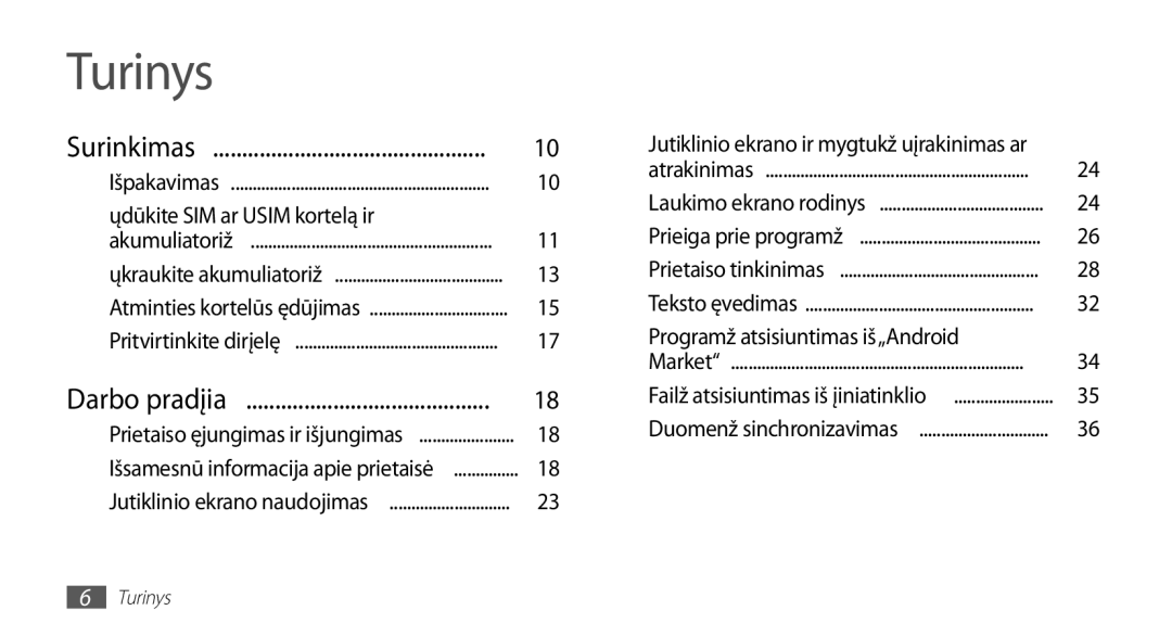 Samsung GT-I5510XKASEB manual Turinys, Surinkimas, Programų atsisiuntimas iš„Android 