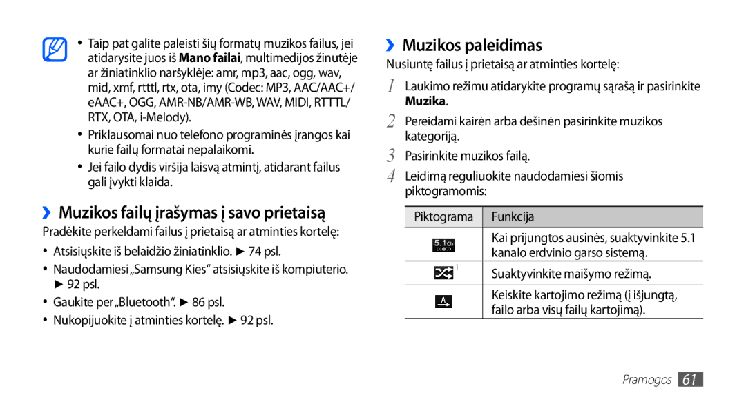 Samsung GT-I5510XKASEB manual ››Muzikos paleidimas, ››Muzikos failų įrašymas į savo prietaisą, Muzika 