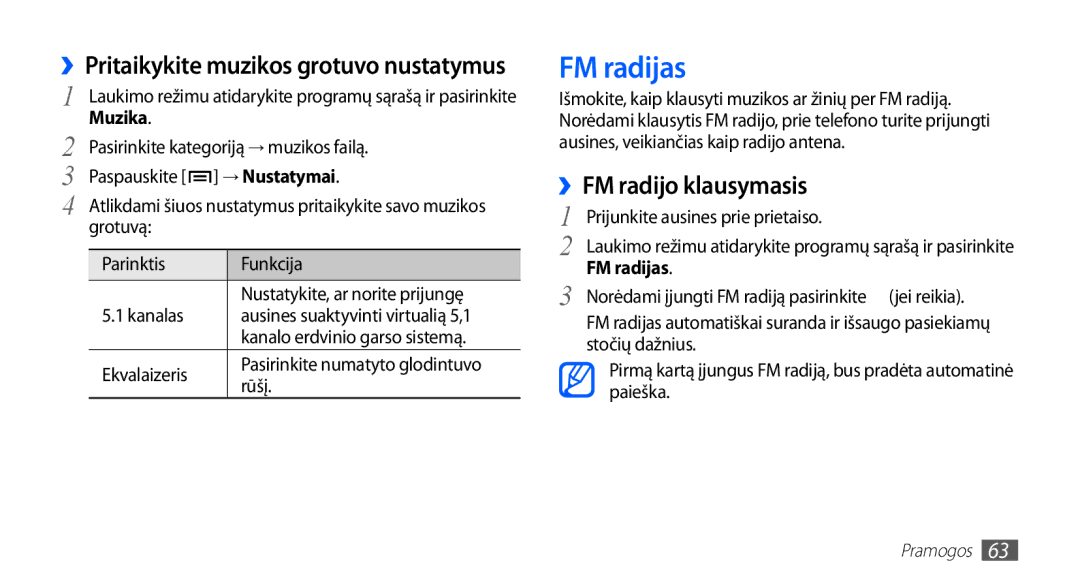 Samsung GT-I5510XKASEB manual FM radijas, ››FM radijo klausymasis, ››Pritaikykite muzikos grotuvo nustatymus, → Nustatymai 