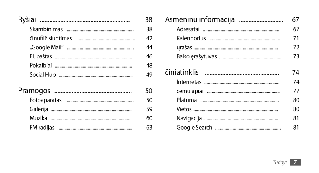 Samsung GT-I5510XKASEB manual Ryšiai, Pramogos, Asmeninė informacija 