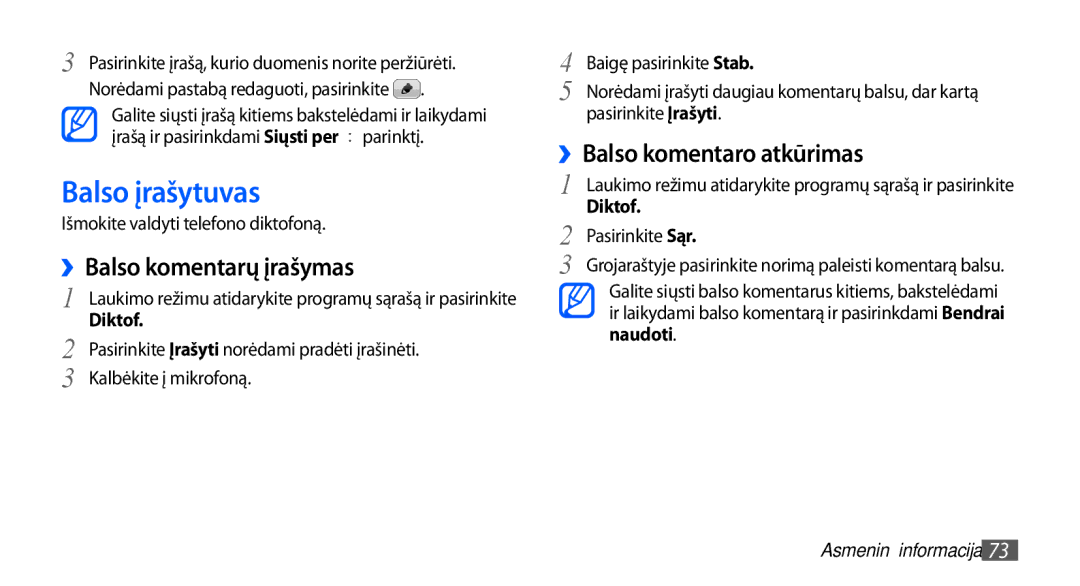Samsung GT-I5510XKASEB manual Balso įrašytuvas, ››Balso komentarų įrašymas, Diktof 