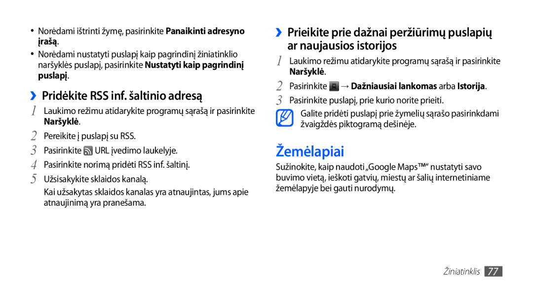 Samsung GT-I5510XKASEB manual Žemėlapiai, ››Pridėkite RSS inf. šaltinio adresą 