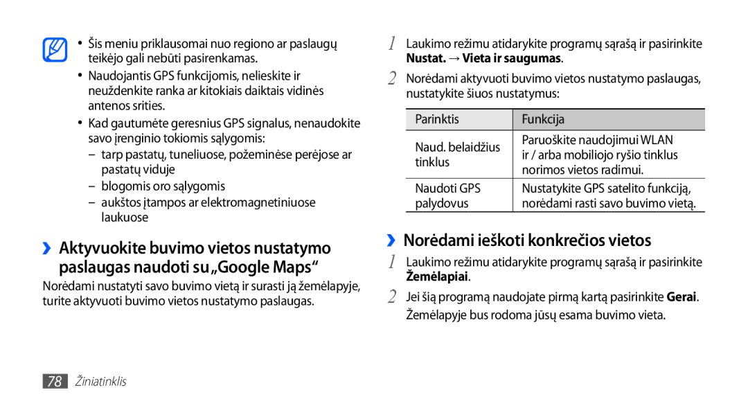 Samsung GT-I5510XKASEB manual ››Norėdami ieškoti konkrečios vietos, Nustat. → Vieta ir saugumas, Žemėlapiai 