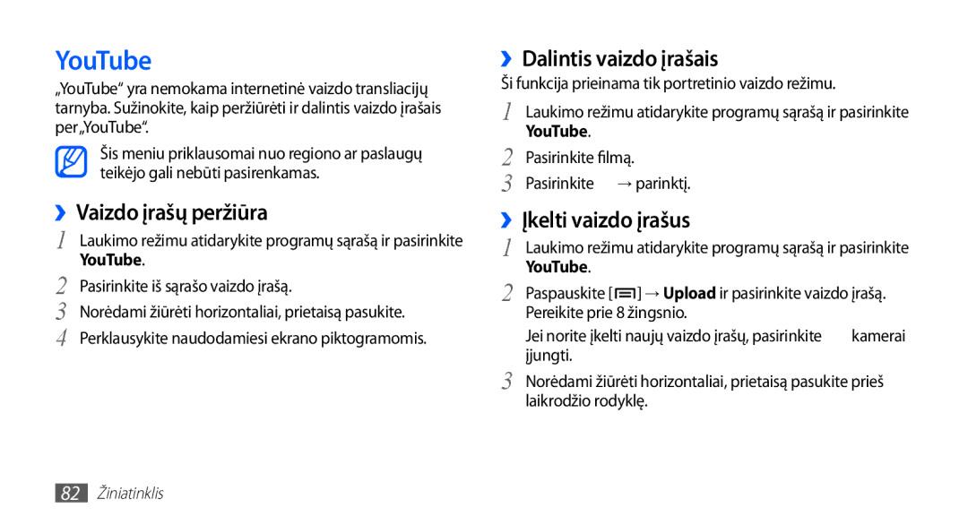 Samsung GT-I5510XKASEB manual YouTube, ››Vaizdo įrašų peržiūra, ››Dalintis vaizdo įrašais, ››Įkelti vaizdo įrašus 