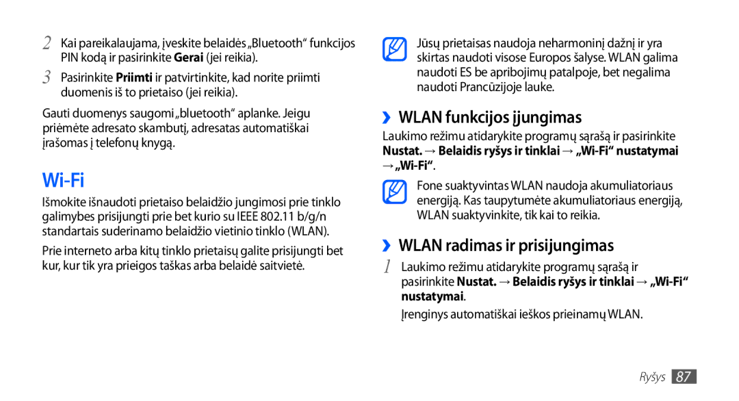 Samsung GT-I5510XKASEB manual ››WLAN funkcijos įjungimas, ››WLAN radimas ir prisijungimas, → „Wi-Fi 