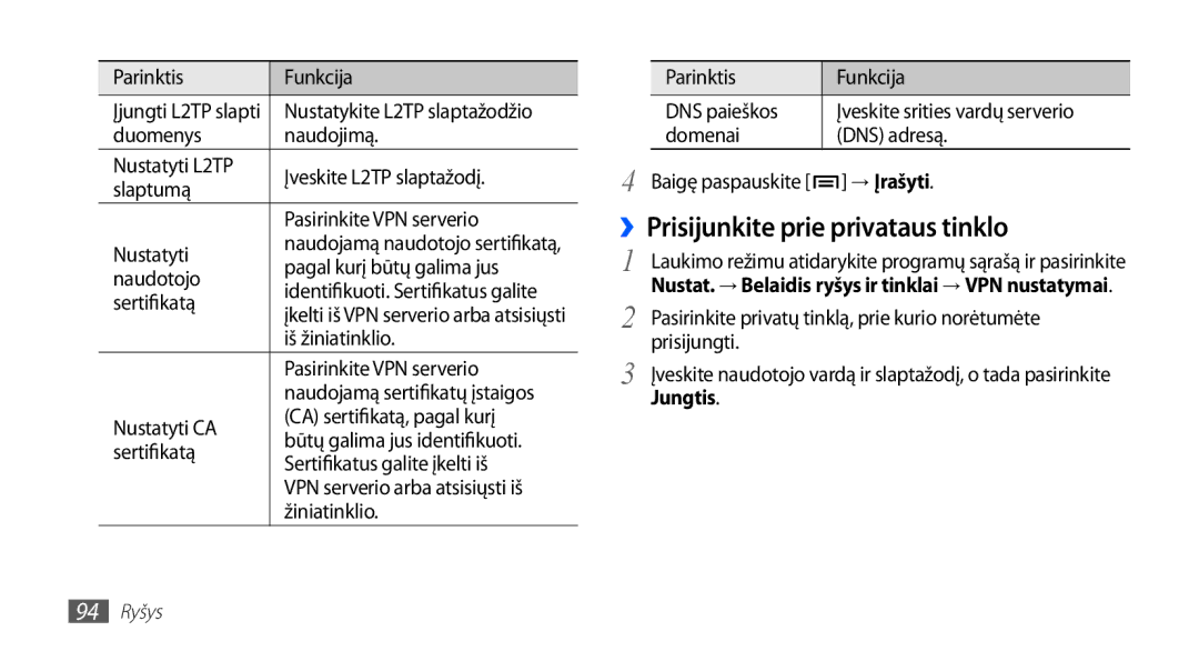 Samsung GT-I5510XKASEB manual ››Prisijunkite prie privataus tinklo, Jungtis 