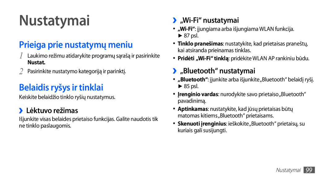 Samsung GT-I5510XKASEB manual Nustatymai, Prieiga prie nustatymų meniu, Belaidis ryšys ir tinklai 