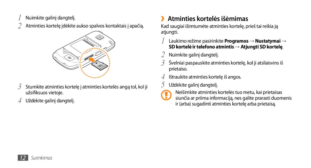 Samsung GT-I5510XKASEB manual ››Atminties kortelės išėmimas, Nuimkite galinį dangtelį 