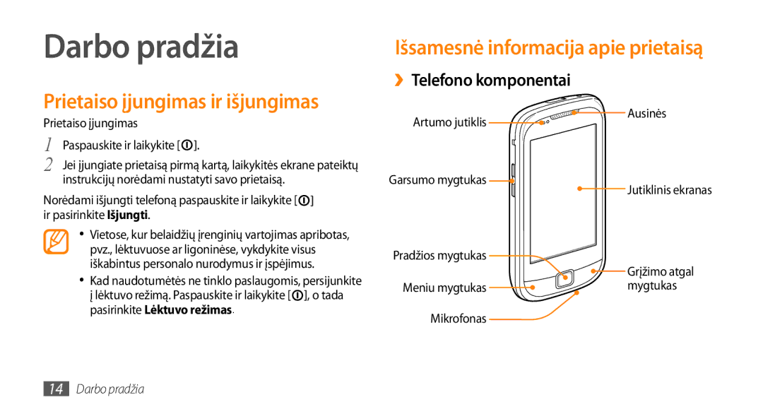 Samsung GT-I5510XKASEB manual Darbo pradžia, Prietaiso įjungimas ir išjungimas, Išsamesnė informacija apie prietaisą 