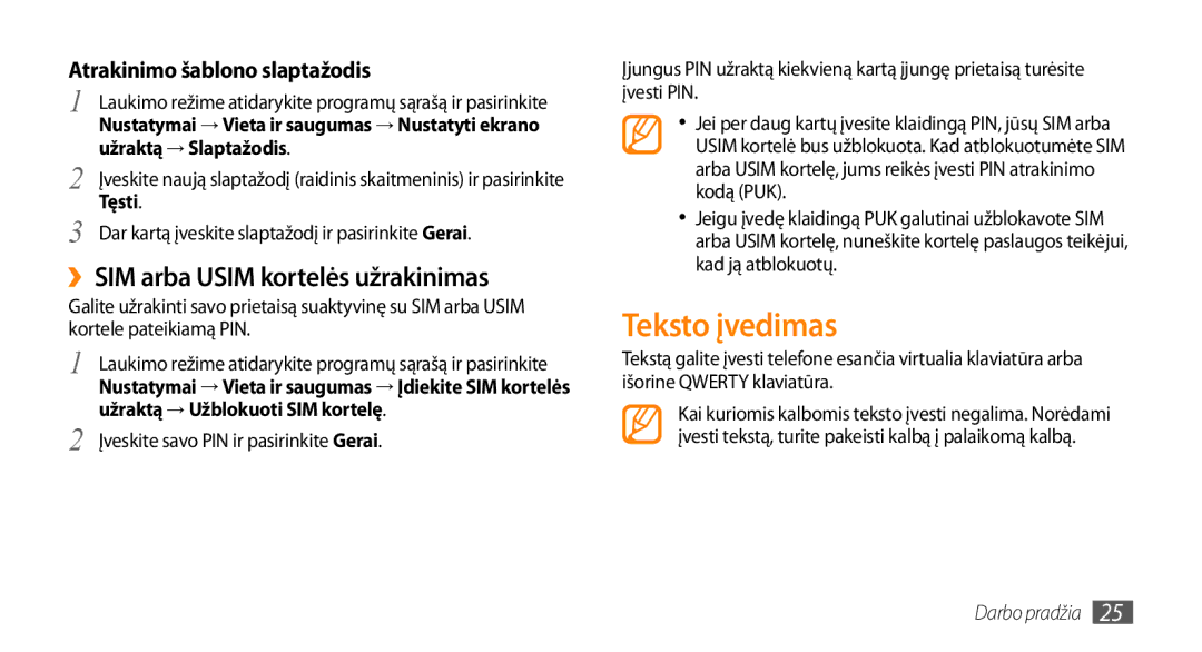 Samsung GT-I5510XKASEB manual Teksto įvedimas, ››SIM arba Usim kortelės užrakinimas, Užraktą → Slaptažodis, Tęsti 