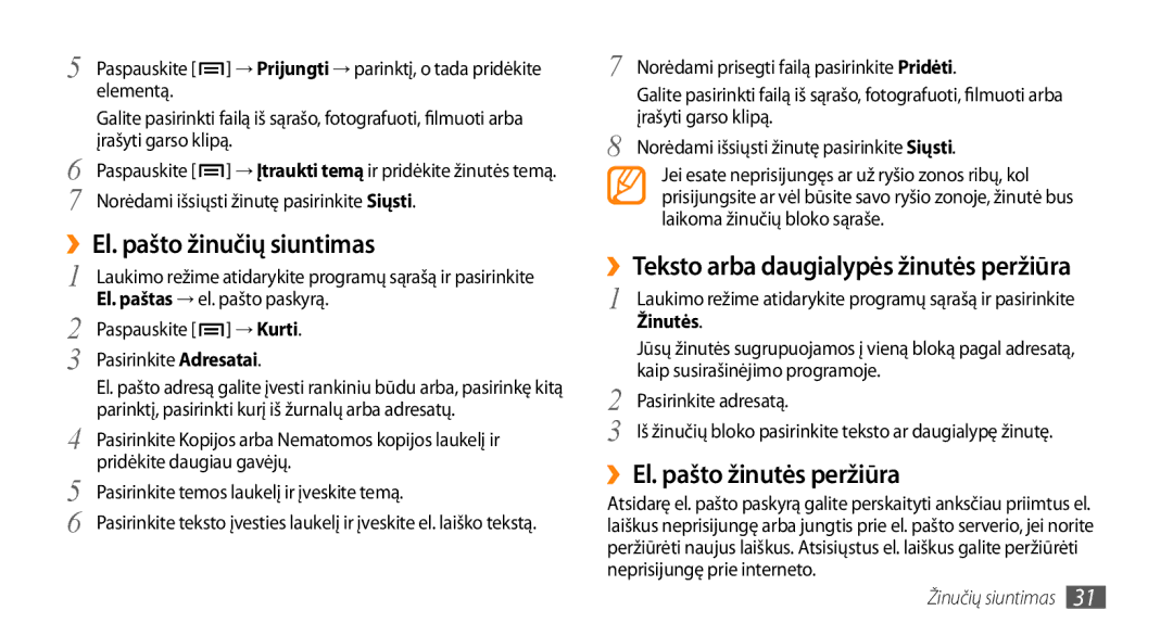 Samsung GT-I5510XKASEB manual ››El. pašto žinučių siuntimas, ››Teksto arba daugialypės žinutės peržiūra, → Kurti, Žinutės 