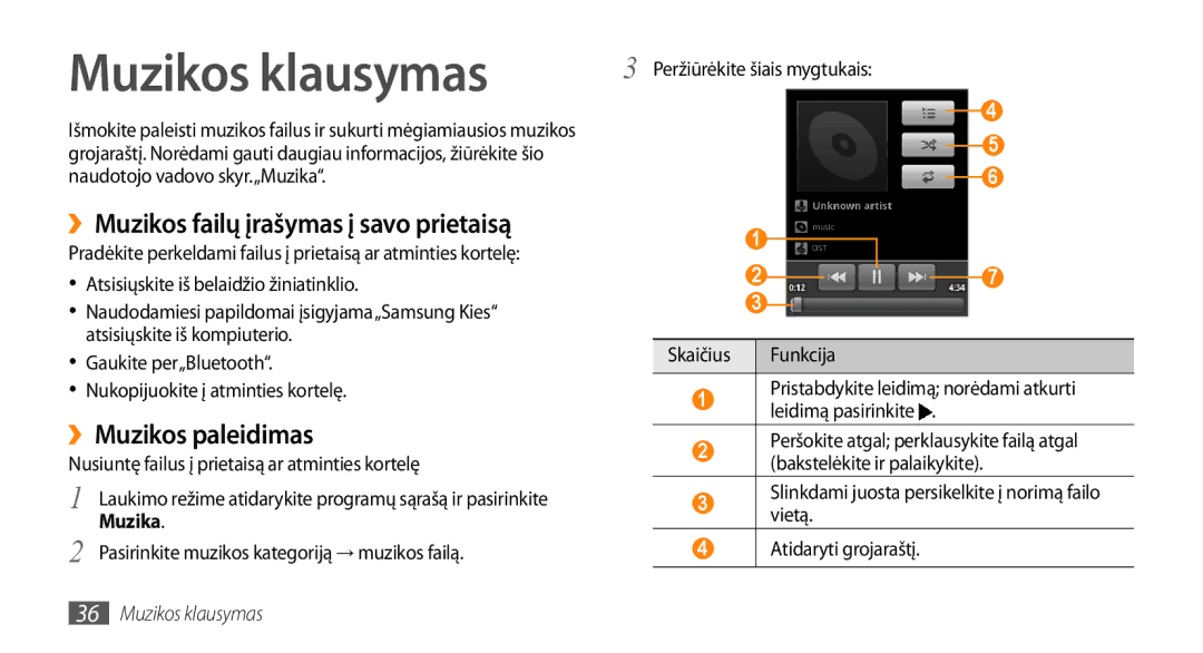 Samsung GT-I5510XKASEB manual Muzikos klausymas, ››Muzikos paleidimas, Leidimą pasirinkite, Vietą, Muzika 