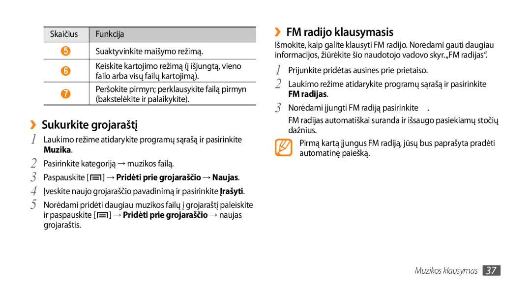 Samsung GT-I5510XKASEB ››Sukurkite grojaraštį, ››FM radijo klausymasis, Skaičius Funkcija Suaktyvinkite maišymo režimą 