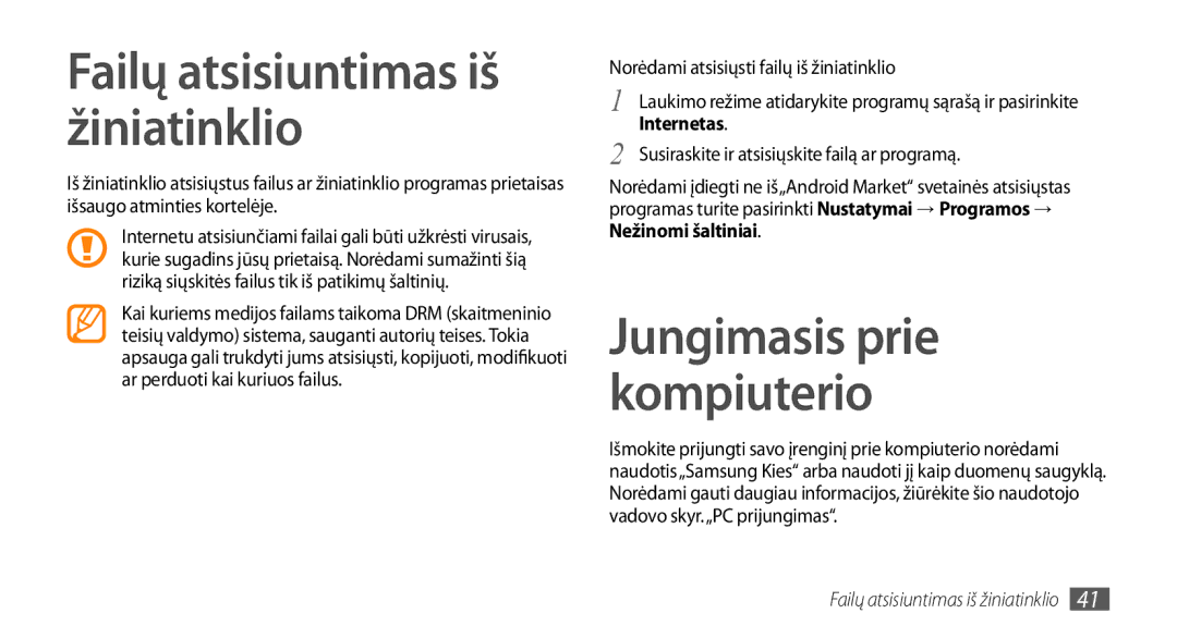 Samsung GT-I5510XKASEB manual Failų atsisiuntimas iš žiniatinklio, Riziką siųskitės failus tik iš patikimų šaltinių 