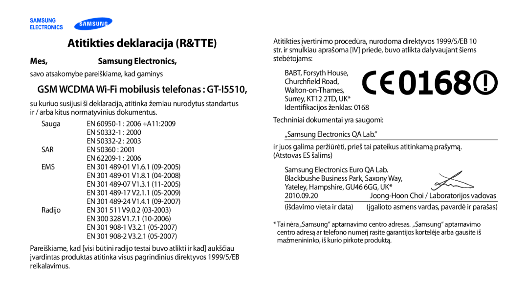 Samsung GT-I5510XKASEB manual Mes Samsung Electronics, GSM Wcdma Wi-Fi mobilusis telefonas GT-I5510 