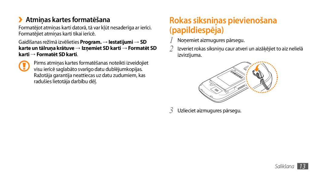 Samsung GT-I5510XKASEB manual ››Atmiņas kartes formatēšana, Izvirzījuma Uzlieciet aizmugures pārsegu 