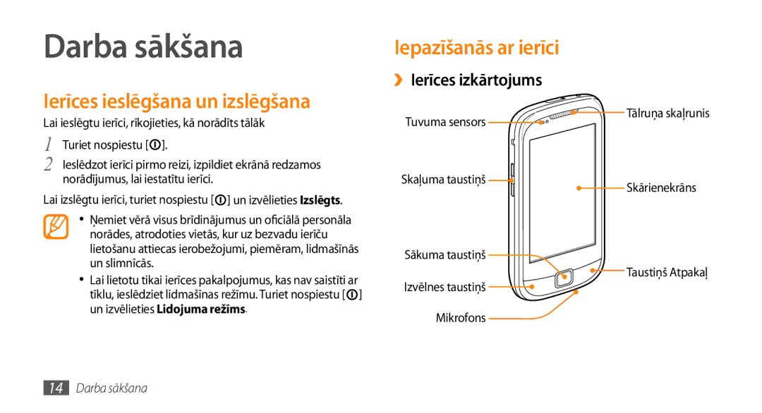 Samsung GT-I5510XKASEB manual Darba sākšana, Ierīces ieslēgšana un izslēgšana, Iepazīšanās ar ierīci ››Ierīces izkārtojums 