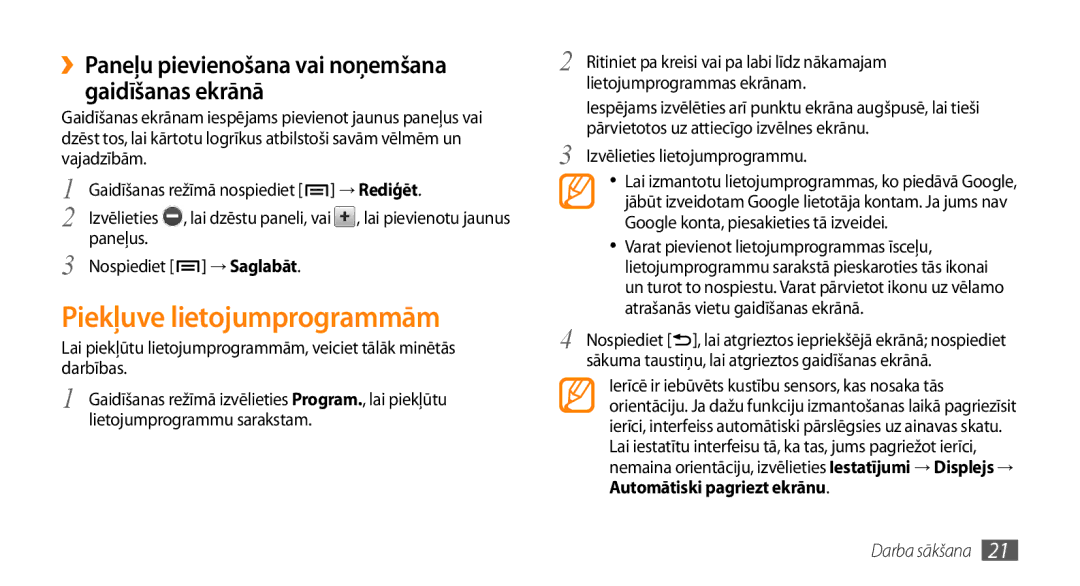 Samsung GT-I5510XKASEB manual Piekļuve lietojumprogrammām, ››Paneļu pievienošana vai noņemšana gaidīšanas ekrānā 