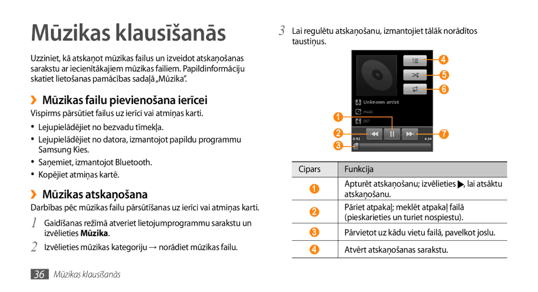 Samsung GT-I5510XKASEB manual Mūzikas klausīšanās, ››Mūzikas failu pievienošana ierīcei, ››Mūzikas atskaņošana 