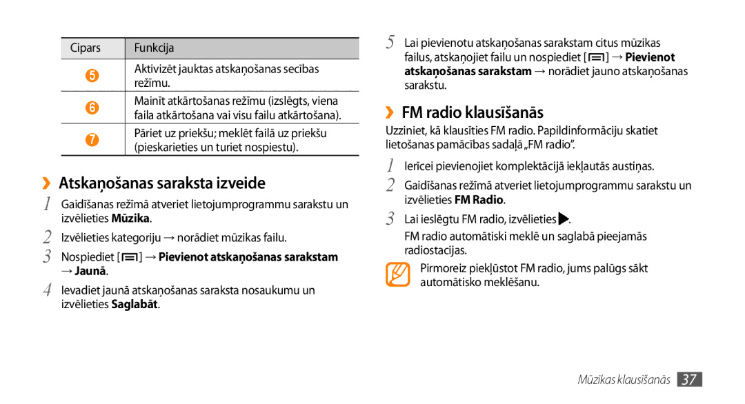 Samsung GT-I5510XKASEB manual ››Atskaņošanas saraksta izveide, ››FM radio klausīšanās, → Jaunā, Mūzikas klausīšanās 