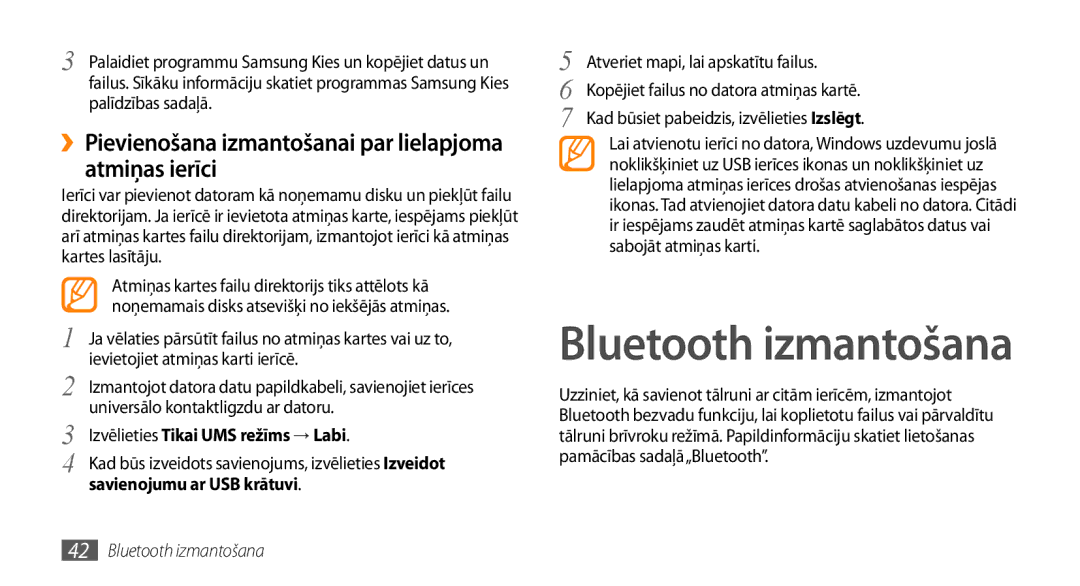 Samsung GT-I5510XKASEB manual ››Pievienošana izmantošanai par lielapjoma atmiņas ierīci, Bluetooth izmantošana 