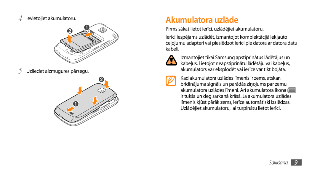 Samsung GT-I5510XKASEB manual Akumulatora uzlāde, Ievietojiet akumulatoru Uzlieciet aizmugures pārsegu 