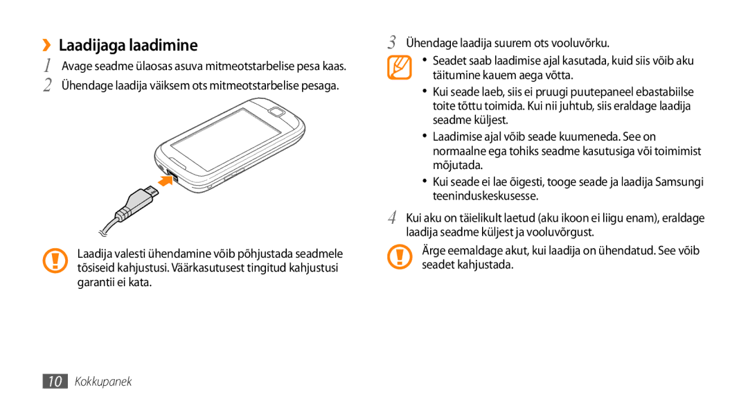 Samsung GT-I5510XKASEB manual ››Laadijaga laadimine 