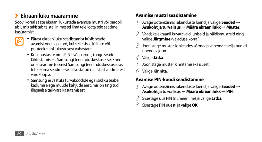 Samsung GT-I5510XKASEB manual ››Ekraaniluku määramine, Sisestage PIN uuesti ja valige OK 