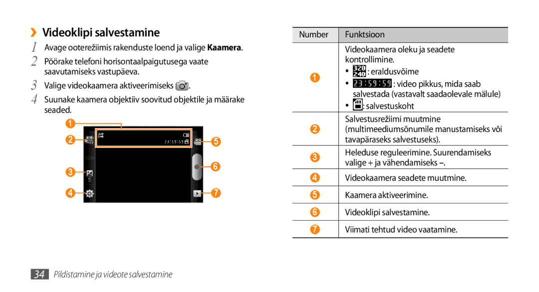 Samsung GT-I5510XKASEB manual ››Videoklipi salvestamine, Salvestuskoht Salvestusrežiimi muutmine 