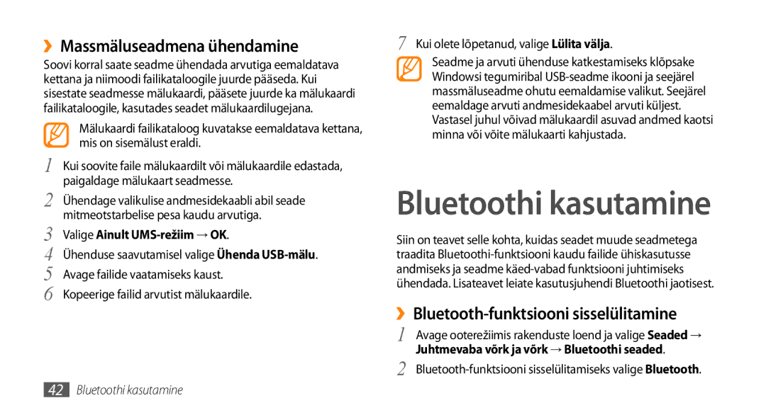 Samsung GT-I5510XKASEB manual ››Massmäluseadmena ühendamine, ››Bluetooth-funktsiooni sisselülitamine 