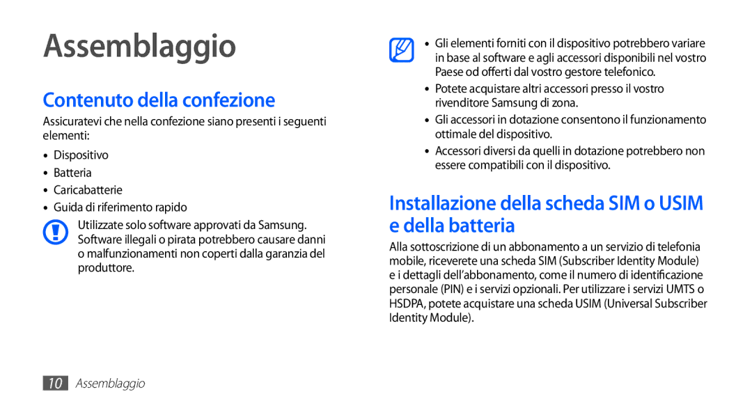 Samsung GT-I5510XKAOMN Assemblaggio, Contenuto della confezione, Installazione della scheda SIM o Usim e della batteria 