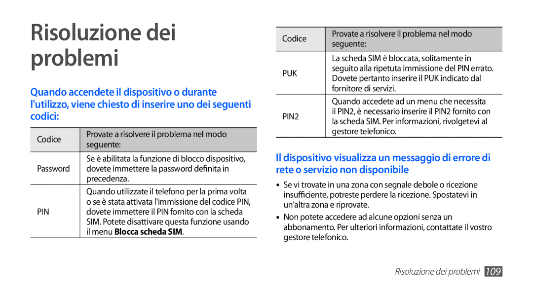 Samsung GT-I5510XKAOMN, GT-I5510XKAWIN, GT-I5510XKAVOM manual Risoluzione dei problemi, Il menu Blocca scheda SIM 