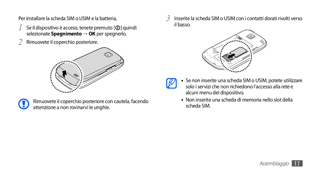 Samsung GT-I5510XKAVOM manual Per installare la scheda SIM o Usim e la batteria, Rimuovete il coperchio posteriore 